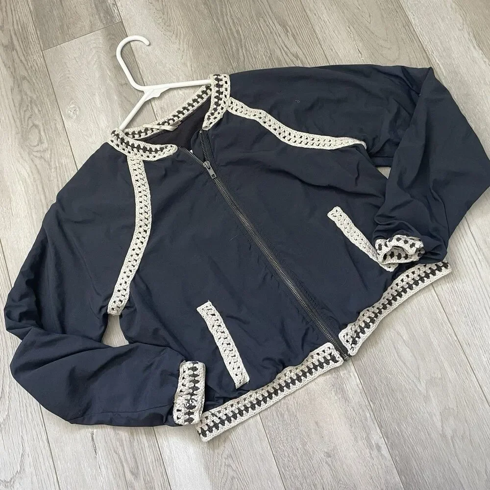 Free People Jacket crochet crop bomber womens Navy Blue small boho preppy casual